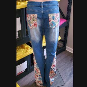 SILK & LACE Tapestry Flare Jeans Floral Boho Tall Size M